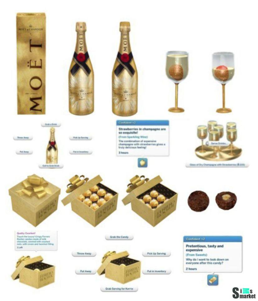 Functional champagne "Gold Edition" and a box of chocolates "Ferrero Rocher" - for The Sims 4 addon
