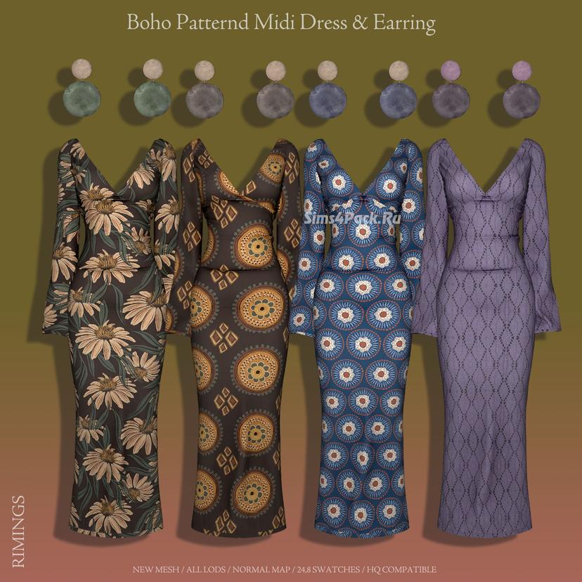 Boho midi dress with patterns and earrings addon